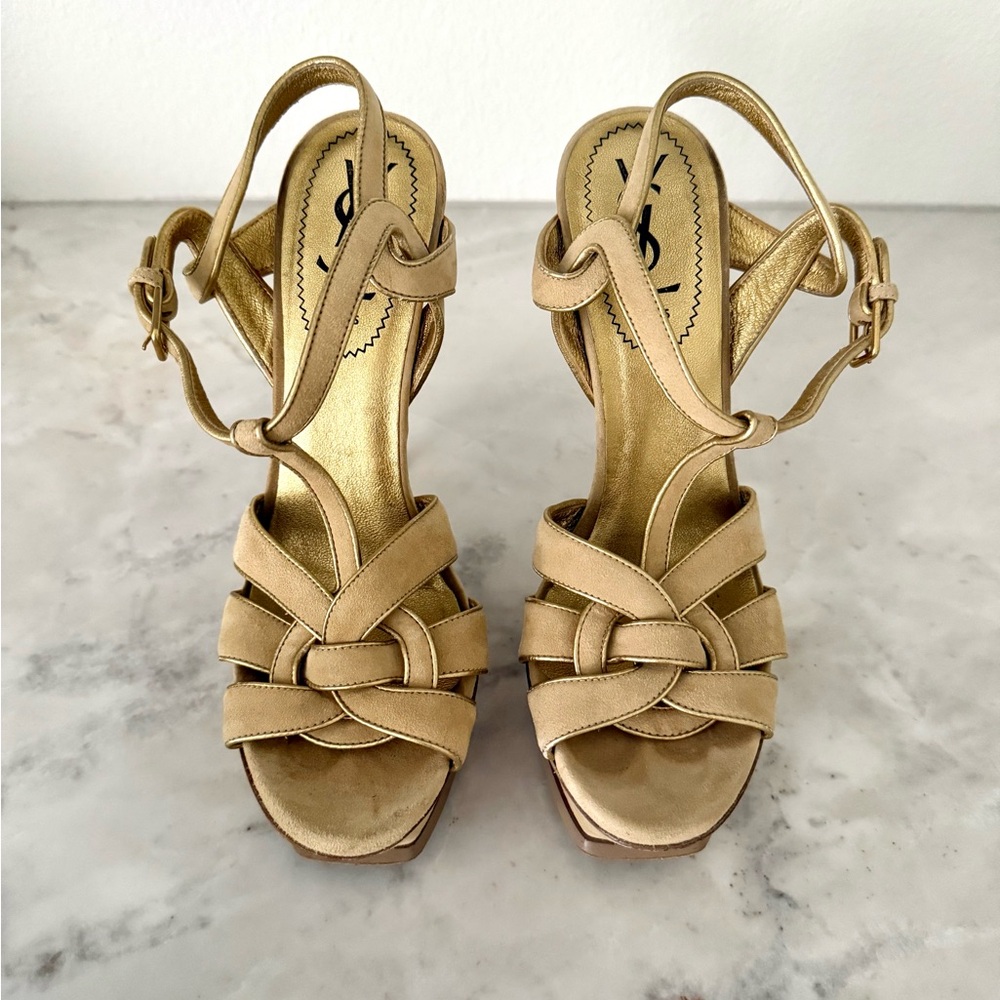 Yves Saint Laurent YSL Tribute Beige Tan Suede Gold Trim Platform Heels 37.5 - Picture 3 of 16